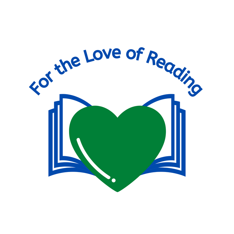 Logo with green heart and book wings, for company called For the Love of Reading