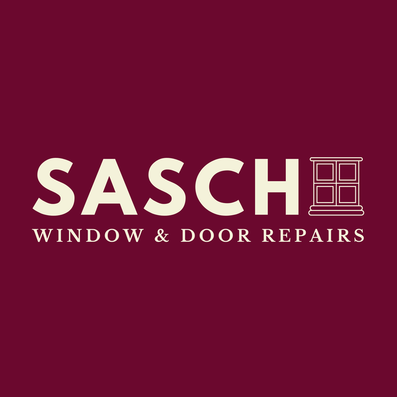 Logo for Logo design for Sasch Window and Door Repairs, showing the company name next to a square window, on a burgundy background