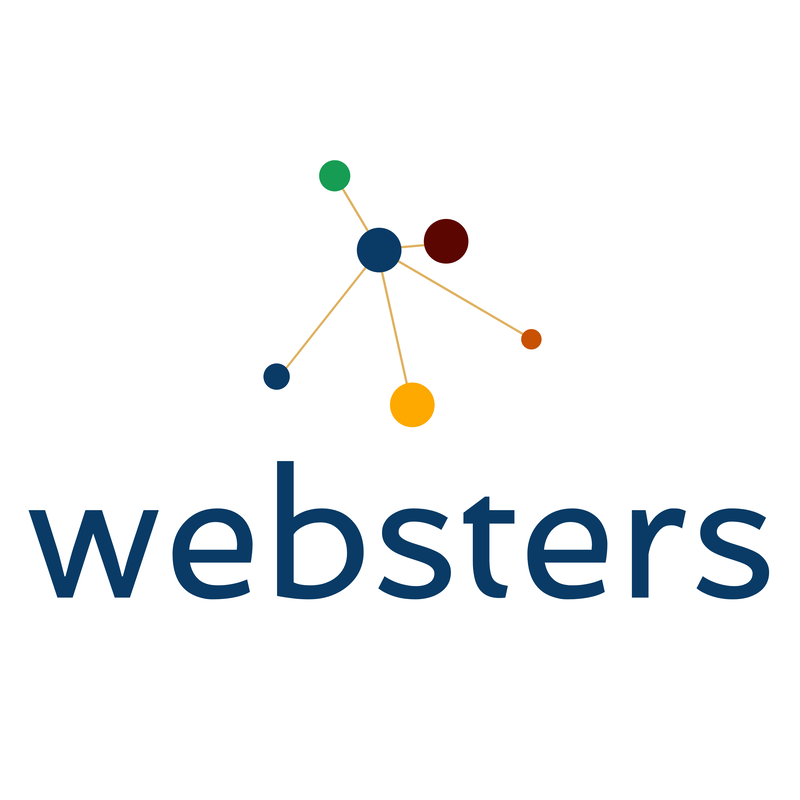Websters logo with coloured circles attached to gold lines then Websters written beneath it